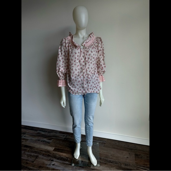 NWT ALBERTA FERETTI $498 Pink Cotton Rose Print Peasant Blouse Lace Italy D&G - Picture 4 of 10